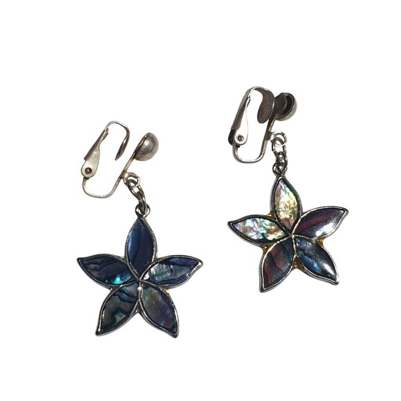 Vintage Silver Tone Abalone Shell Inlay Flower Clip On Earrings Boho Beach Core - Picture 1 of 5